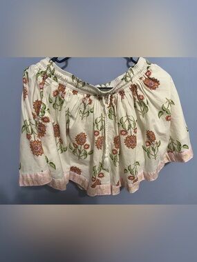 Old Navy Cream Floral Drawstring Skirt with Green Leaves and Orange Blooms